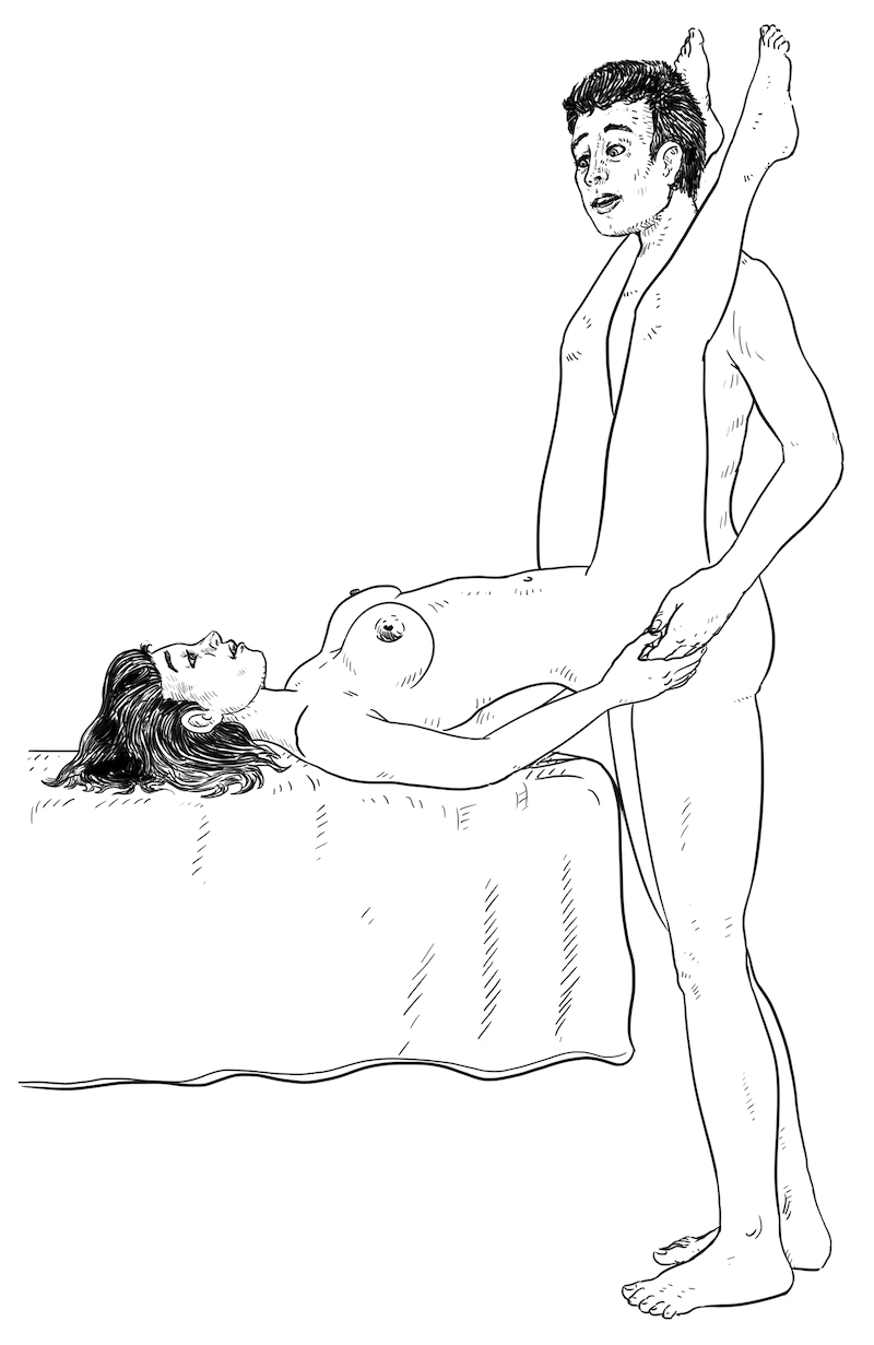 Sexstillinger: Kvinde ligger på ryggen på bord eller høj seng. Mand står.
