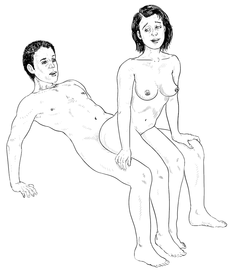 Sexstillinger: Manden ligger på ryggen med ben ud over kanten, kvinden sidder overskrævs, ansigtet den anden vej og fødderne i gulvet.
