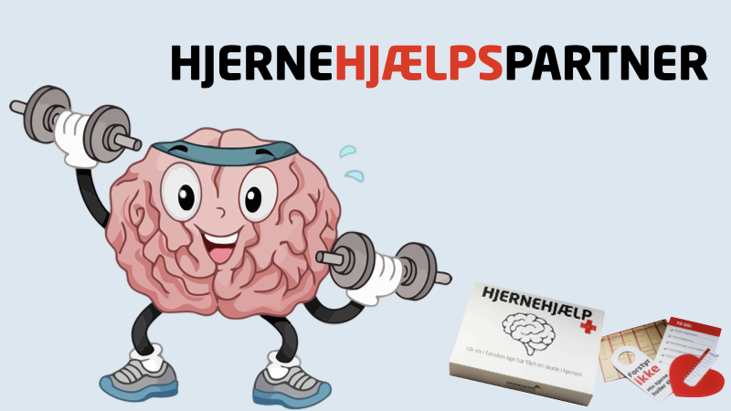 Hjernehjaelpspartner_raa Illustration af en antropomorfisk hjernefigur, der løfter vægte, iført sportstøj og sneakers, med teksten “HJERNEHJÆLPSPARTNER”.