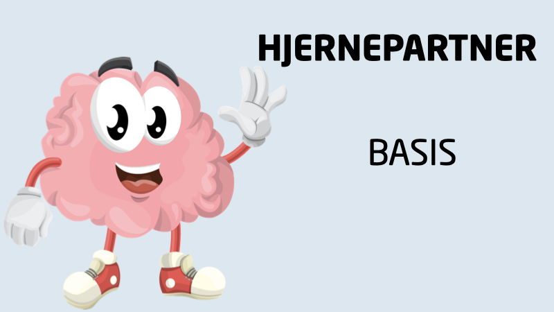 Illustration af en venlig, antropomorfisk hjernefigur i sneakers og handsker, der vinker, med teksten “HJERNEPARTNER BASIS”