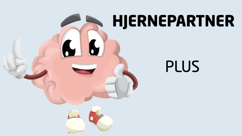 Hjernepartner_raa.plus Illustration af en glad, antropomorfisk hjernefigur i sneakers og handsker, der vinker, med teksten “HJERNEPARTNER PLUS”.