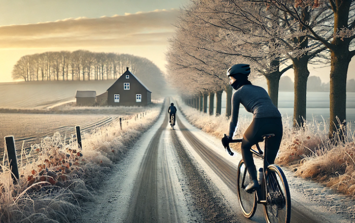 Kvindelig cyklist på vej mod nye mål på en grusvej i et dansk vinterlandskab ved solopgang. Vejen er omgivet af frostklædte træer og marker, med en landejendom i det fjerne og to andre cyklister længere fremme. Scenen udstråler styrke, udholdenhed og fællesskab.